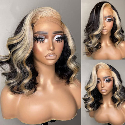 Highlight Lace Front Wigs Human Hair Short Lace Frontal Wigs for Black Women Skunk Stripe Ombre 613 Blonde Color Loose Body Wave Human Hair Wigs with Transparent Lace (12 Inch, Natural Color with Blonde Highlights)