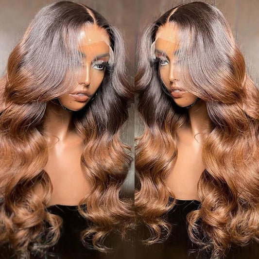 Ombre Brown Body Wave Wigs Human Hair 13X4 HD Transparent Lace Frontal Wig 1B30 Colored Chocolate Dark Brown Glueless Wigs for Black Women Pre Plucked with Baby Hair Bleached Knots 150% Density 16Inch