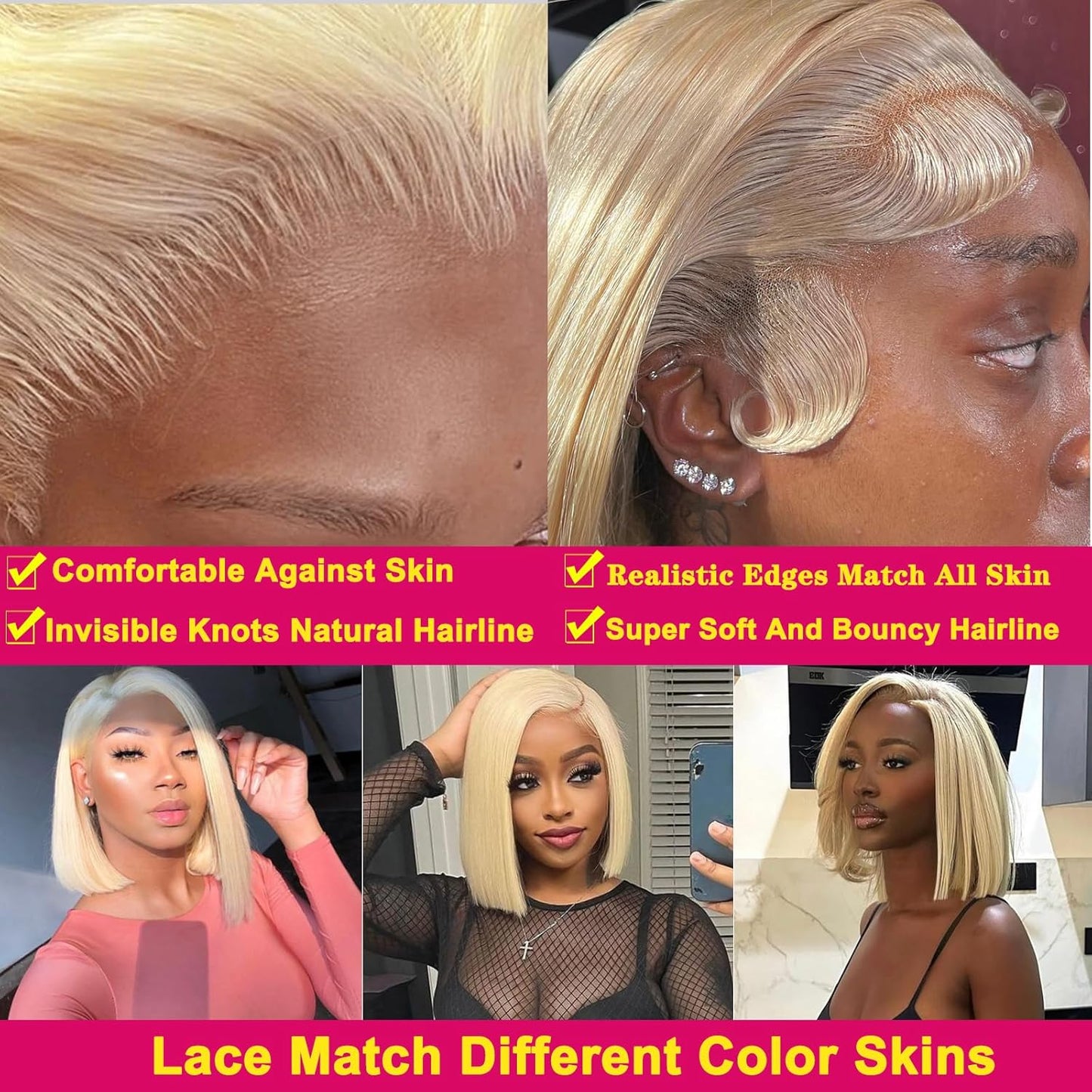 613 Blonde Wig Human Hair 13×4 HD Transparent 613 Lace Front Wig Human Hair Pre Plucked with Baby Hair 180% Density Wigs for Women Blonde Bob Wig 8 Inch Straight Bob Wig