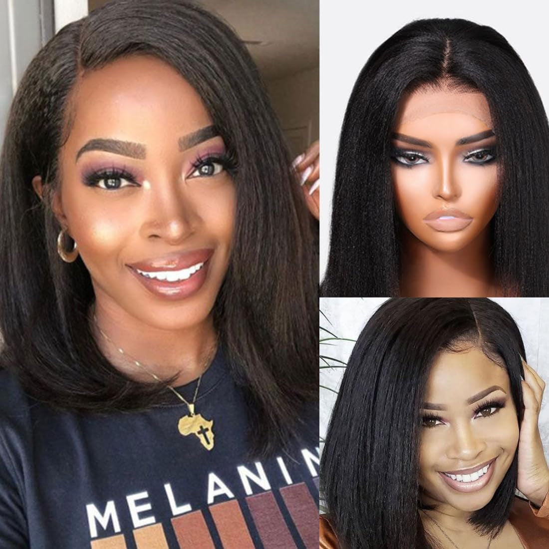 Kinky Straight Human Hair Wig 4X4 Transparent Lace Closure Kinky Straight Wigs 150% Density Yaki Human Hair Wigs Glueless Pre Cut Lace Natural Black(14Inch)