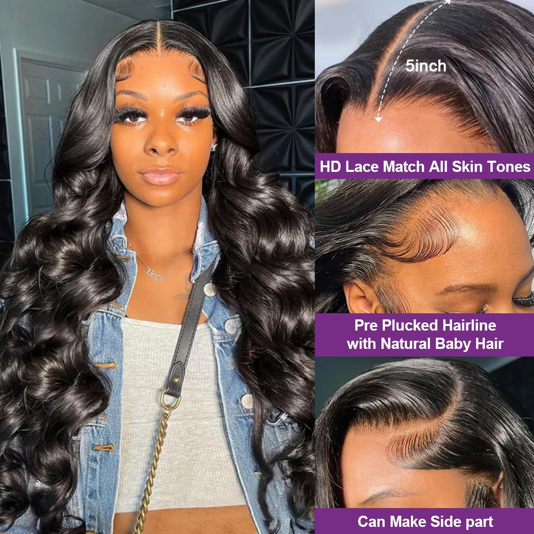 Wear and Go Glueless Wigs Human Hair Pre Plucked Pre Cut 5X5 HD Lace Closure Wigs Human Hair Ready to Wear Body Wave Lace Front Glueless Wig for Black Women 34 Inch
