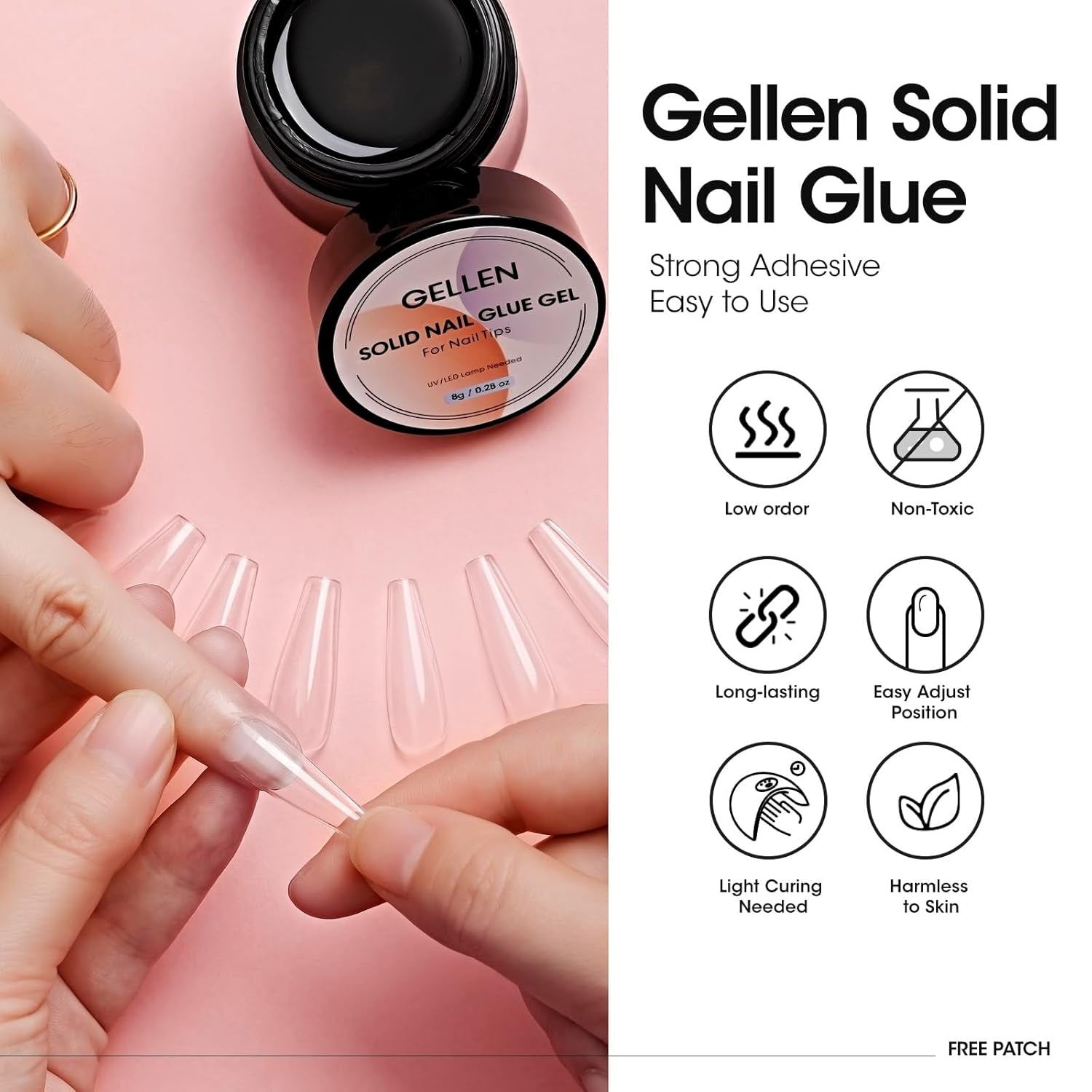 Solid Nail Glue Gel Kit - 8G Gel and 8W Mini UV Light LED Lamp for Cured Nails, Press on Glue for Acrylic Fake Tips, Salon Art DIY at Home