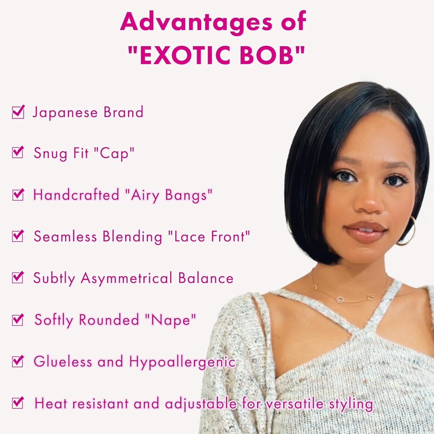 Exotic Bob Wig for Black Women - Snug Fit Cap, Handcrafted Airy Bangs, Seamless Lace Front, Asymmetrical, Rounded Nape, Glueless, Hypoallergenic, Heat Resistant (Natural Black)