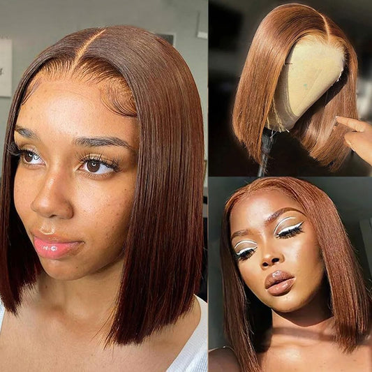 Bob Wig Human Hair 4X4 Lace Front Wigs Human Hair Brazilian Virgin Hair Straight Bob Lace Frontal Wigs for Women Pre Plucked with Baby Hair Chocolate Color 14 Inch