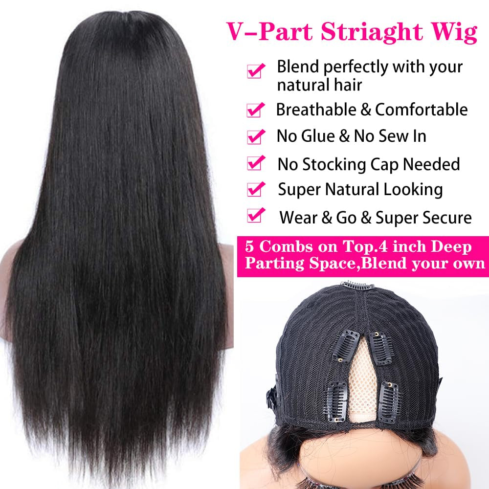 V Part Wigs Human Hair No Leave Out Lace Front Wigs Upgrade U Part Wigs V Shape Wigs Brazilian Virgin Straight Human Hair Wigs for Women 180% Density Natural Black 18Inch