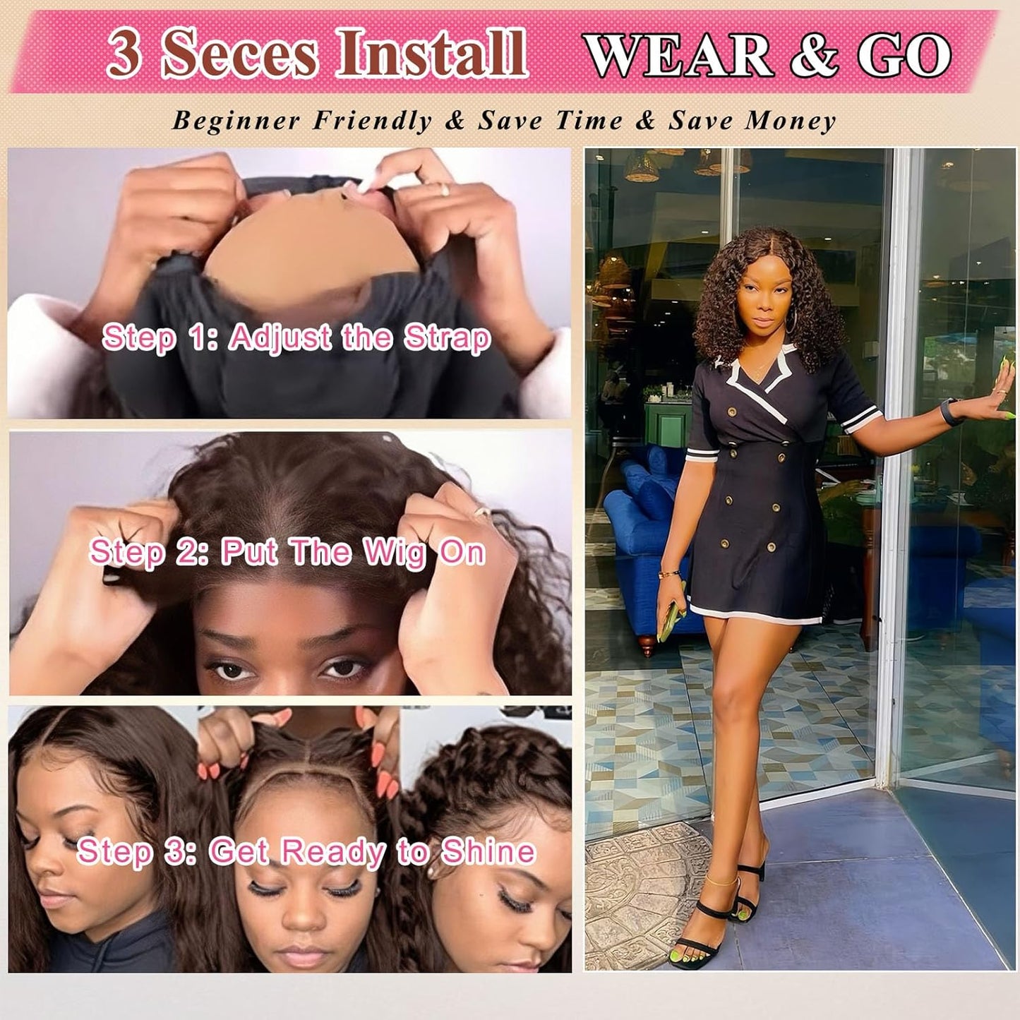 Bob Wig Human Hair Glueless Wigs Human Hair Pre Plucked Pre Cut 4# Brown Human Hair Wear and Go Glueless Wig Water Wave Lace Front Wigs for Black Women 14Inch