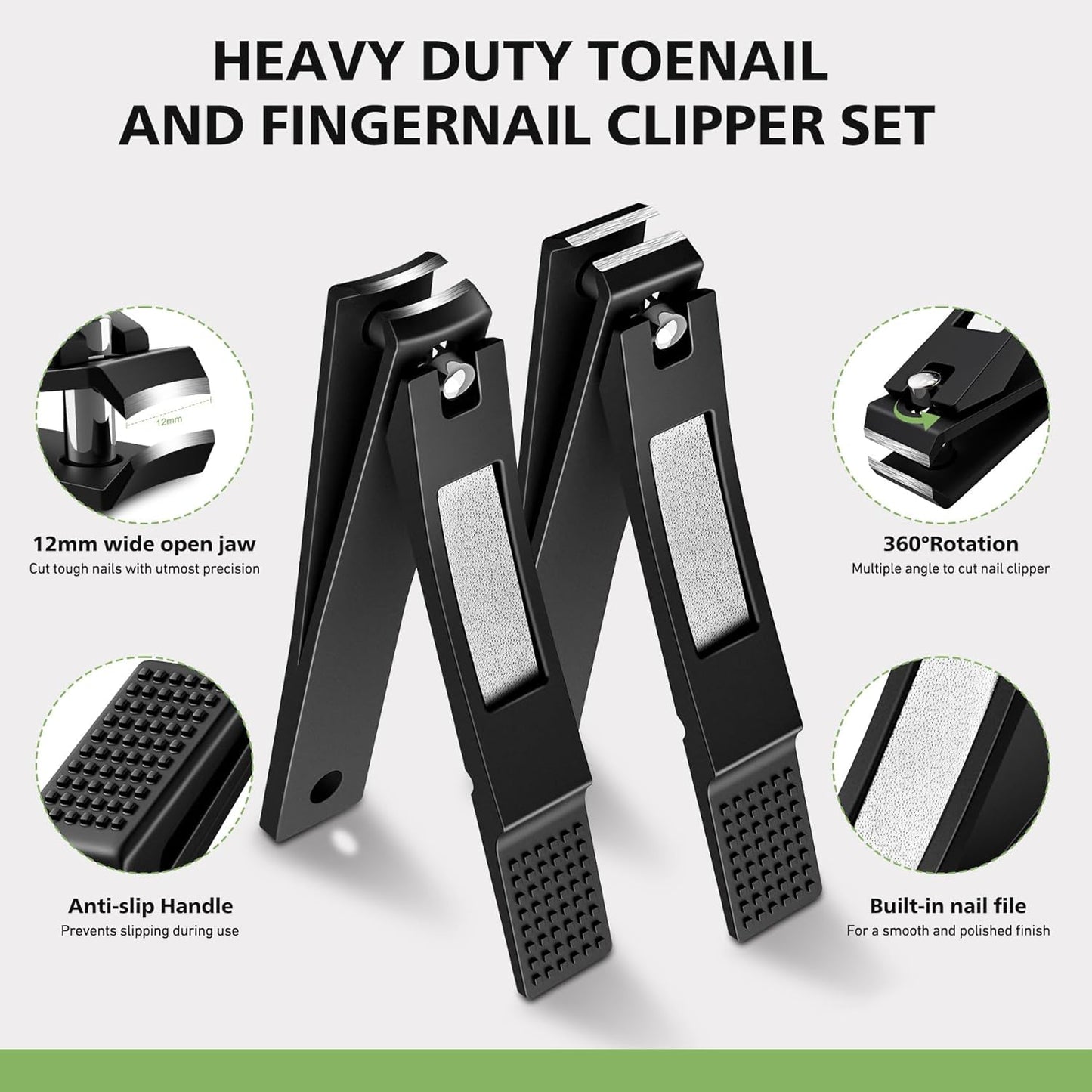 Straight Nail Clipper Set for Thick Toenails, Professional Stainless Steel Ultra Sharp Fingernail Toenail Clippers Cutter Trimmers - Thick Wide Jaw Toe Nail Clippings for Seniors, Men & Women