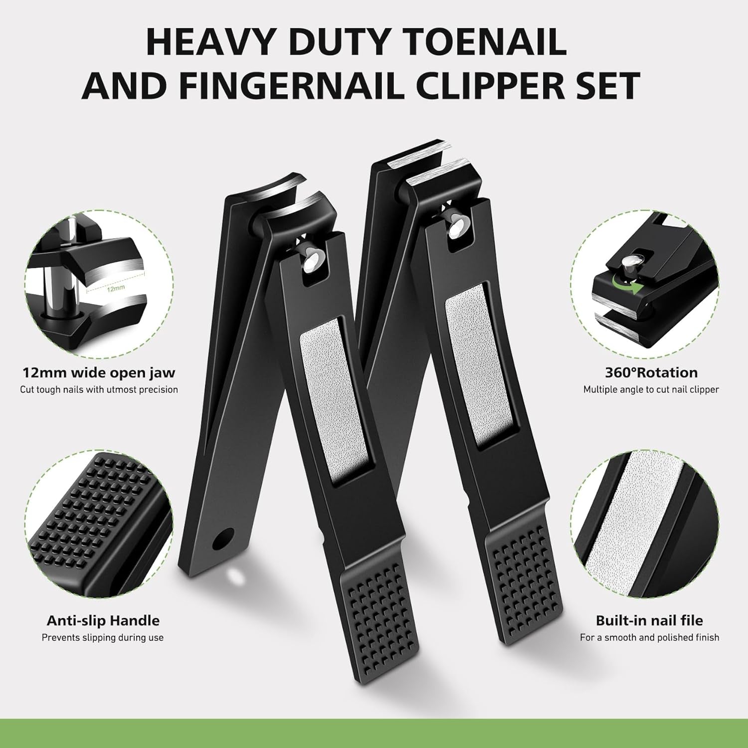 Straight Nail Clipper Set for Thick Toenails, Professional Stainless Steel Ultra Sharp Fingernail Toenail Clippers Cutter Trimmers - Thick Wide Jaw Toe Nail Clippings for Seniors, Men & Women