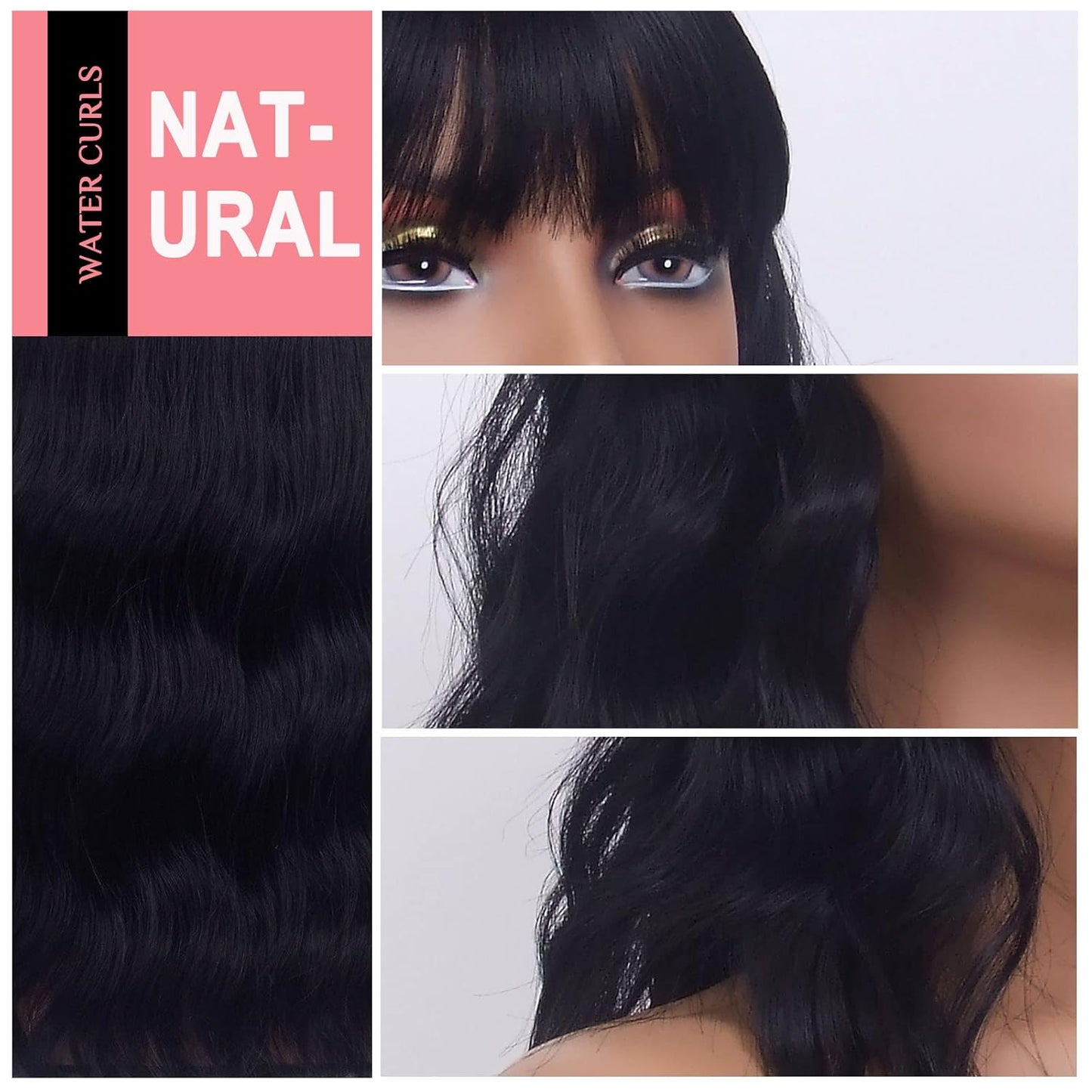 Curly Black Bob Wigs for Women Girl Synthetic Short Wig with Bangs Natural Water Wave Hair Wigs Heat Resistant Fiber for Daily Party Cosplay (Black)