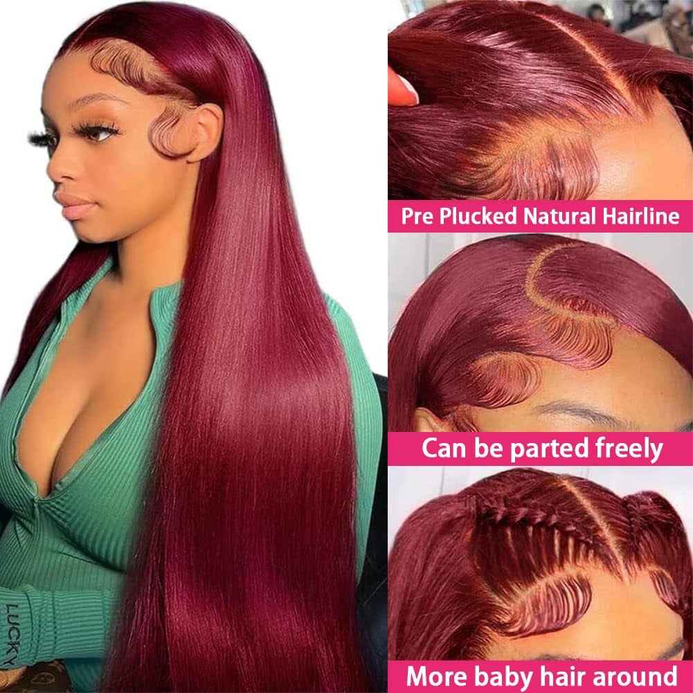 99J Lace Front Wigs Human Hair 180 Density HD Transparent Lace Human Hair Wig 13X4 Straight Human Hair Wigs with Baby Hair Virgin Human Hair Pre Plucked Natural Hairline (20Inch, Burgundy)