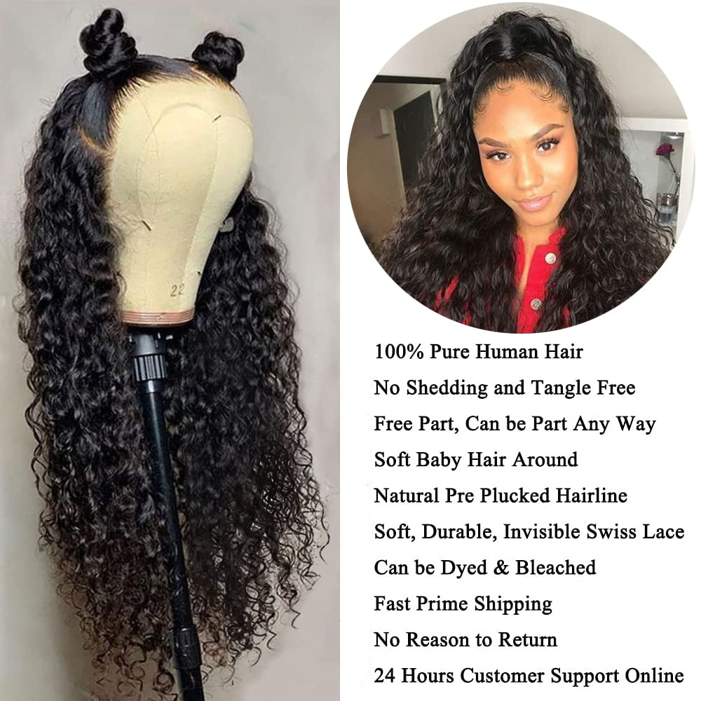 Transparent Lace Frontal Wigs Human Hair Pre Plucked Lace Front Wigs Water Wave Human Hair Wigs for Black Women 100% Unprocessed Virgin Brazilian Hair Water Curly Wave Wig Ear to Ear Frontal Wig
