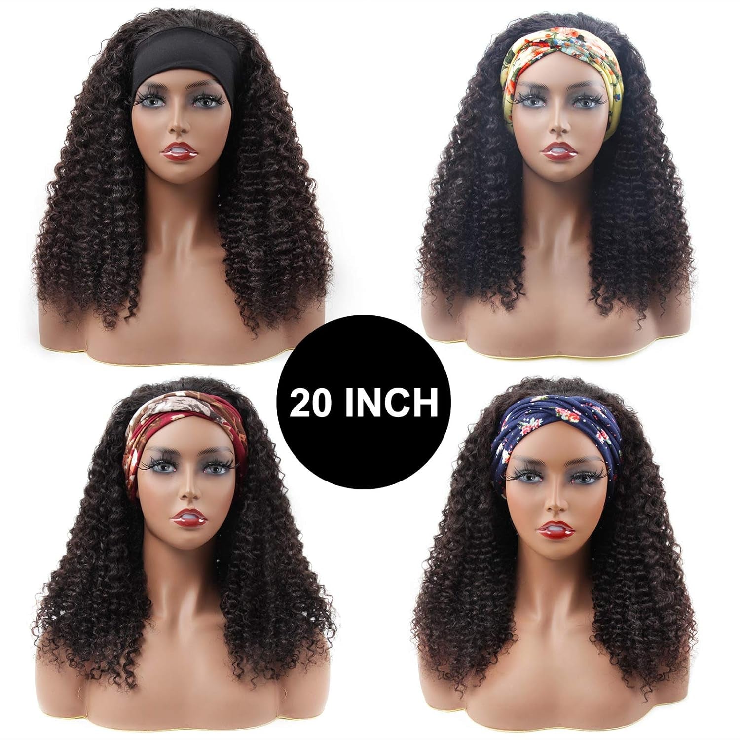 Headband Wig Human Hair Kinky Curly Headband Wigs for Women Glueless Human Hair Wigs 20 Inch None Lace Front Wigs Brazilian Kinky Curly Virgin Hair Wear and Go 180% Density Wig