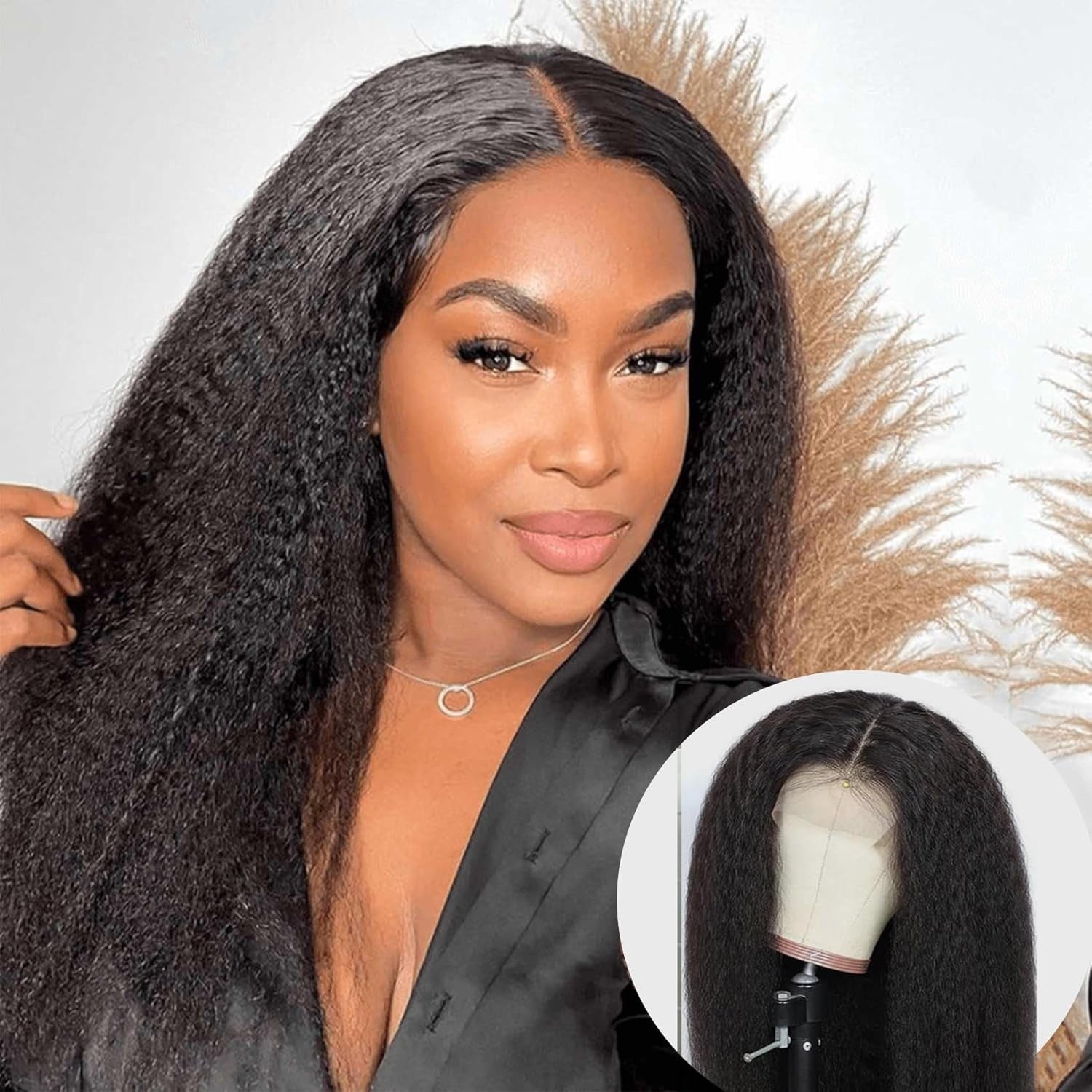 Kinky Straight Human Hair Wig 4X4 Transparent Lace Closure Kinky Straight Wigs 150% Density Yaki Human Hair Wigs Glueless Pre Cut Lace Natural Black(14Inch)