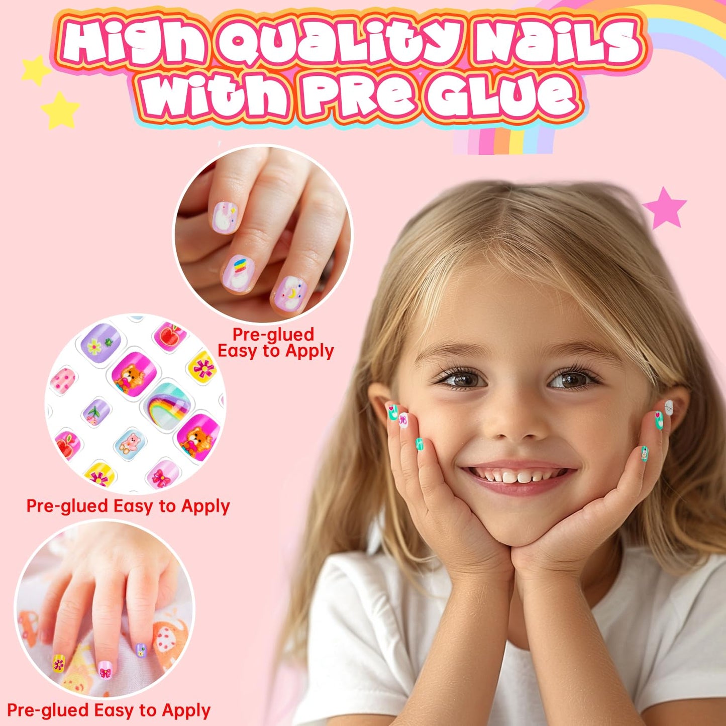 144 Pieces 6 Pack Kids Press on Nails Artificial Fake Nails for Kids Girls Pre Glue Full Cover Short Acrylic False Nail Tips Art Kits Gifts for Girls Nail Art Decoration (Lovely Pattern)