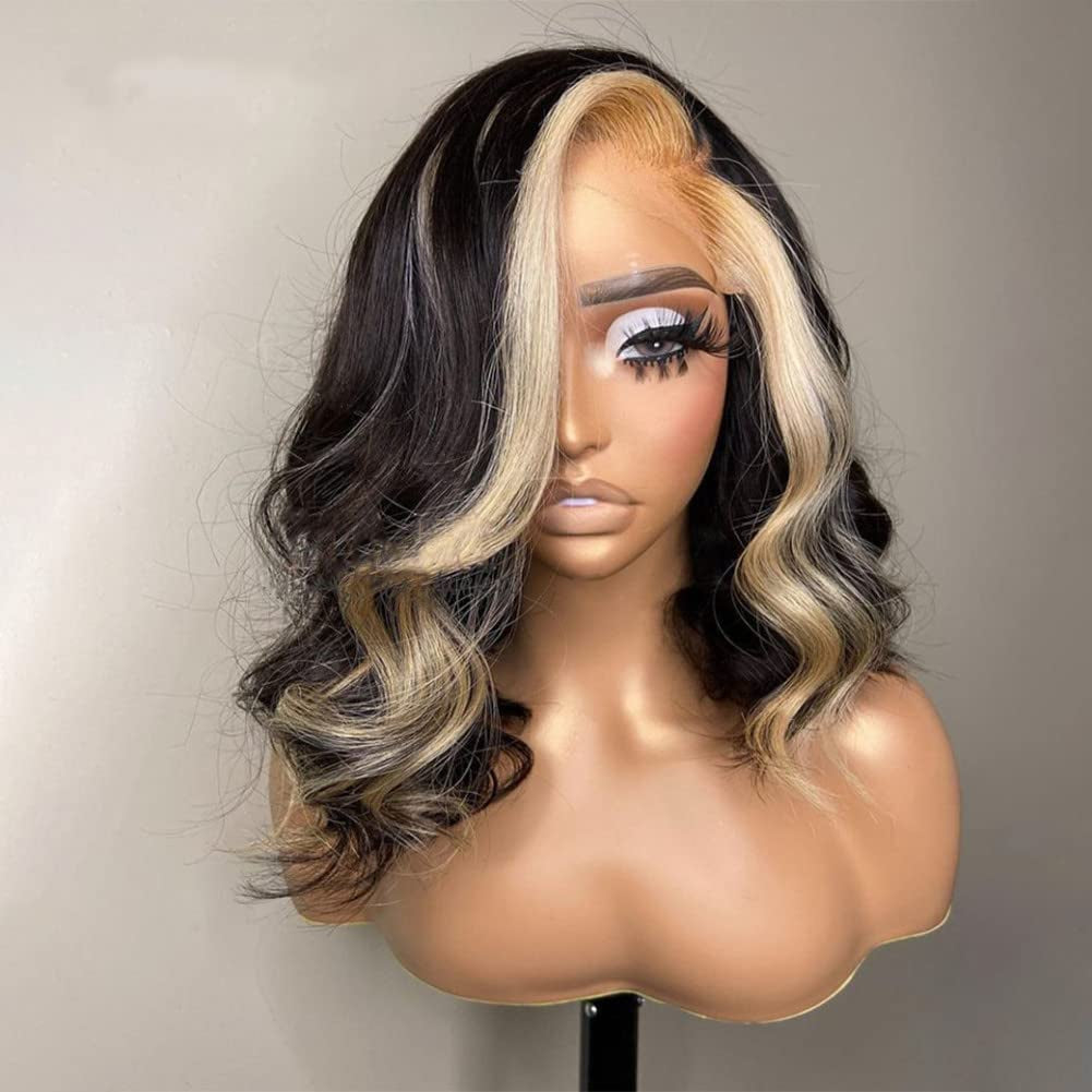 Highlight Lace Front Wigs Human Hair Short Lace Frontal Wigs for Black Women Skunk Stripe Ombre 613 Blonde Color Loose Body Wave Human Hair Wigs with Transparent Lace (12 Inch, Natural Color with Blonde Highlights)