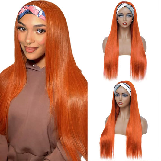 26 Inch Ginger Headband Wigs Human Hair Straight Orange Wigs Human Hair Glueless None Lace Wig 130Percentage Density Brazilian Virgin Hair Wavy Wig 350 Colored Full Head Machine Made Half Wig