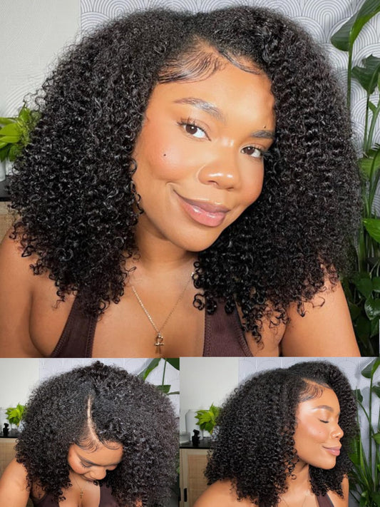 Easicontour V Part Wig Kinky Curly Human Hair Glueless No Leave Out Upgrade U Part Wigs, 12A Afro Curly V-Part Wigs Clip in Half Wig Ready to Go Beginner Friendly 180% Density 14Inch