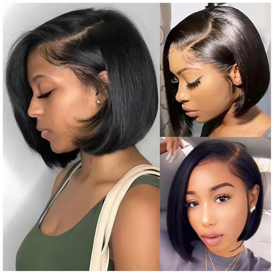 Bob Wig Human Hair 13X4 HD Lace Front Wigs Human Hair 180% Density Short Yaki Straight Frontal Bob Wig HD Transparent Lace Frontal Wigs Pre Plucked for Black Women Glueless Wig with Baby Hair 10 Inch