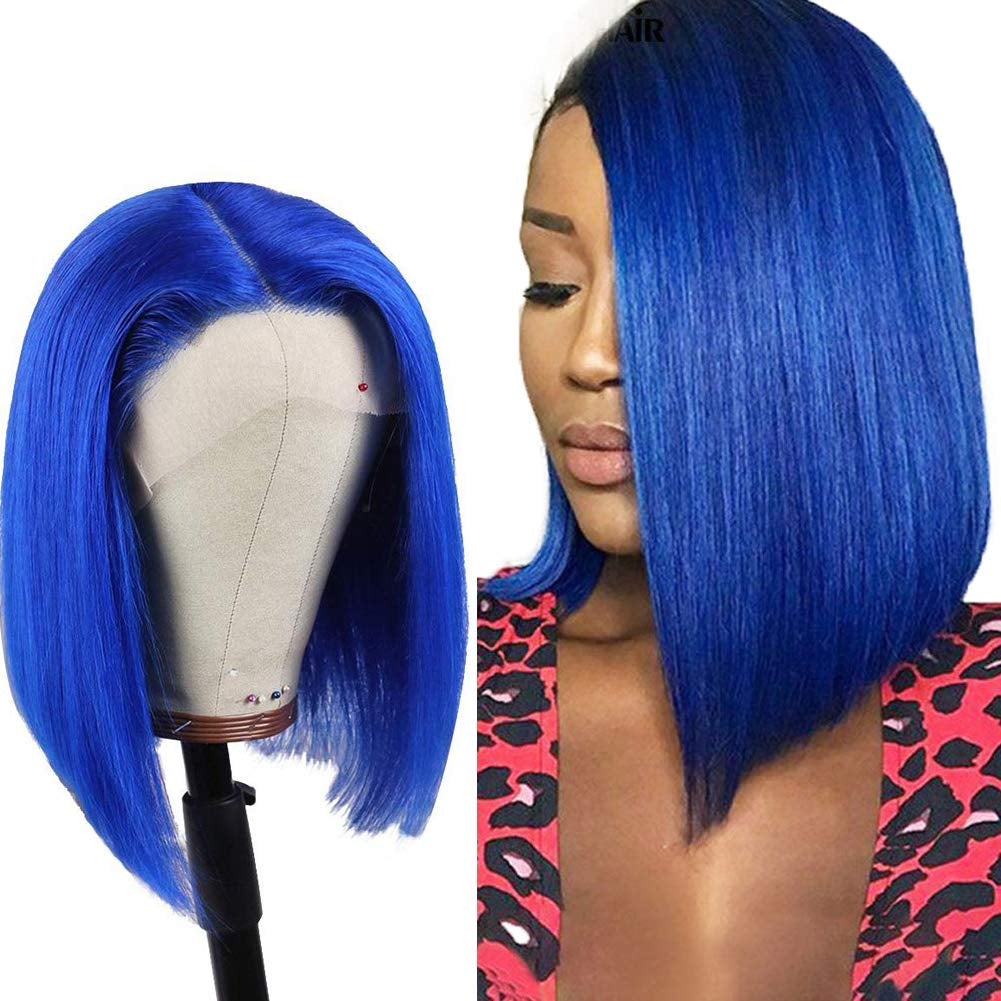Human Hair Wigs Blue Lace Front Bob Wig Lace Part Wigs Middle T Part Glueless Blunt Cut Bob Wigs 13X4X1 Layered Short Bob Wig Brazilian Virgin Hair Straight for Women(12 Inch,150% Density)