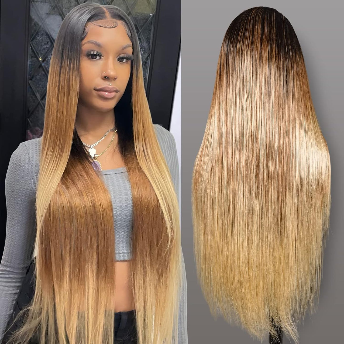 13X6 Highlight Ombre Lace Front Wig Human Hair Pre Plucked OT4/30/27 Colored Honey Blonde Lace Front Wig with Baby Hair180% Density (22Inch, 13X6 Ombre Straight Lace Wig)