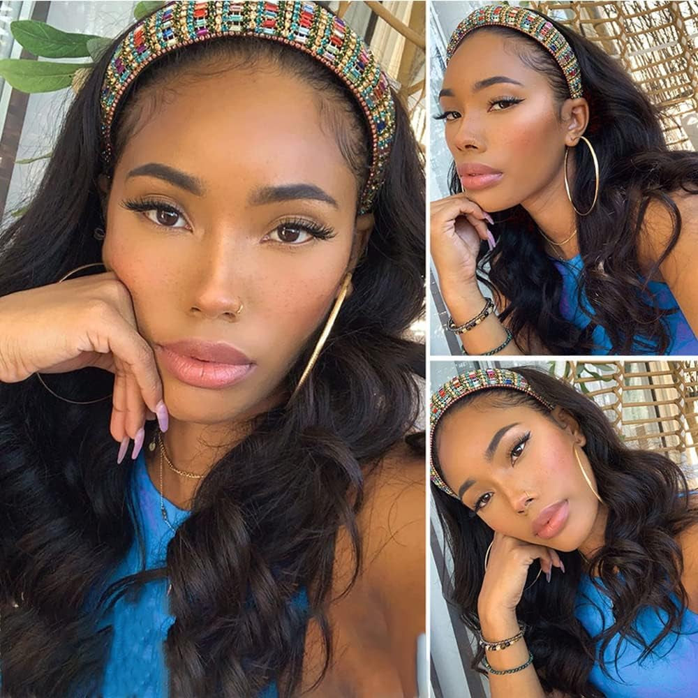 Headband Wig Human Hair Body Wave 16 Inch Glueless None Lace Front Wig Brazilian Virgin Hair Wear and Go Wigs for Black Women 150% Density Wigs Natural Black Color