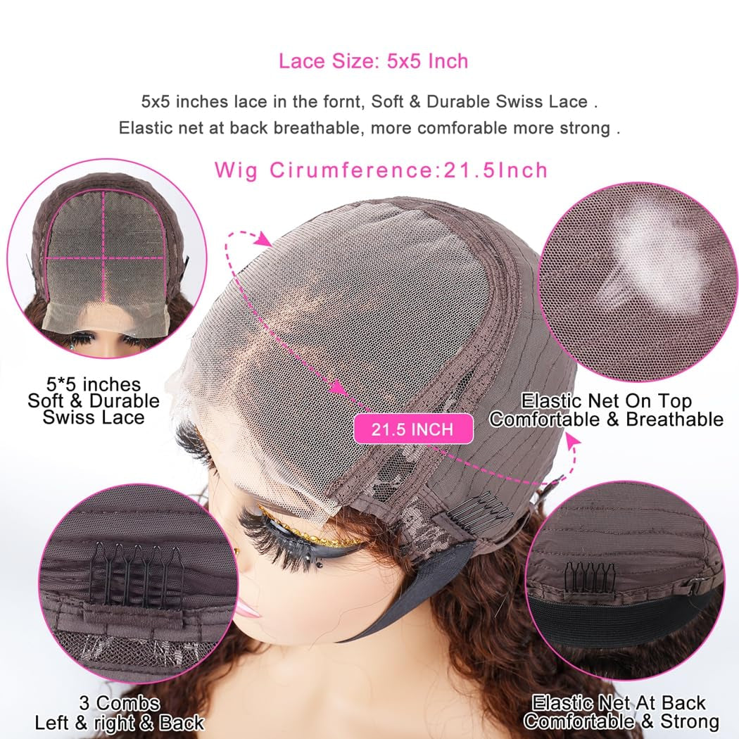 Water Wave 5X5 Lace Closure Glueless Wigs Human Hair 26 Inch Reddish Brown 180% Density Brazilian Hair Wet and Wavy HD Lace Closure Wigs Curly Lace Front Wigs Pre Plucked with Baby Hair