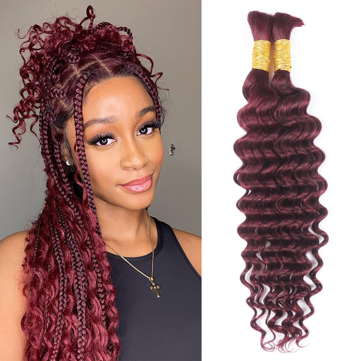 Human Braiding Hair for Boho Braids Deep Water Wave Curly Bulk Brazilian Virgin Hair Extensions for Micro Braiding Wet and Wavy 100G 18Inch Burgundy