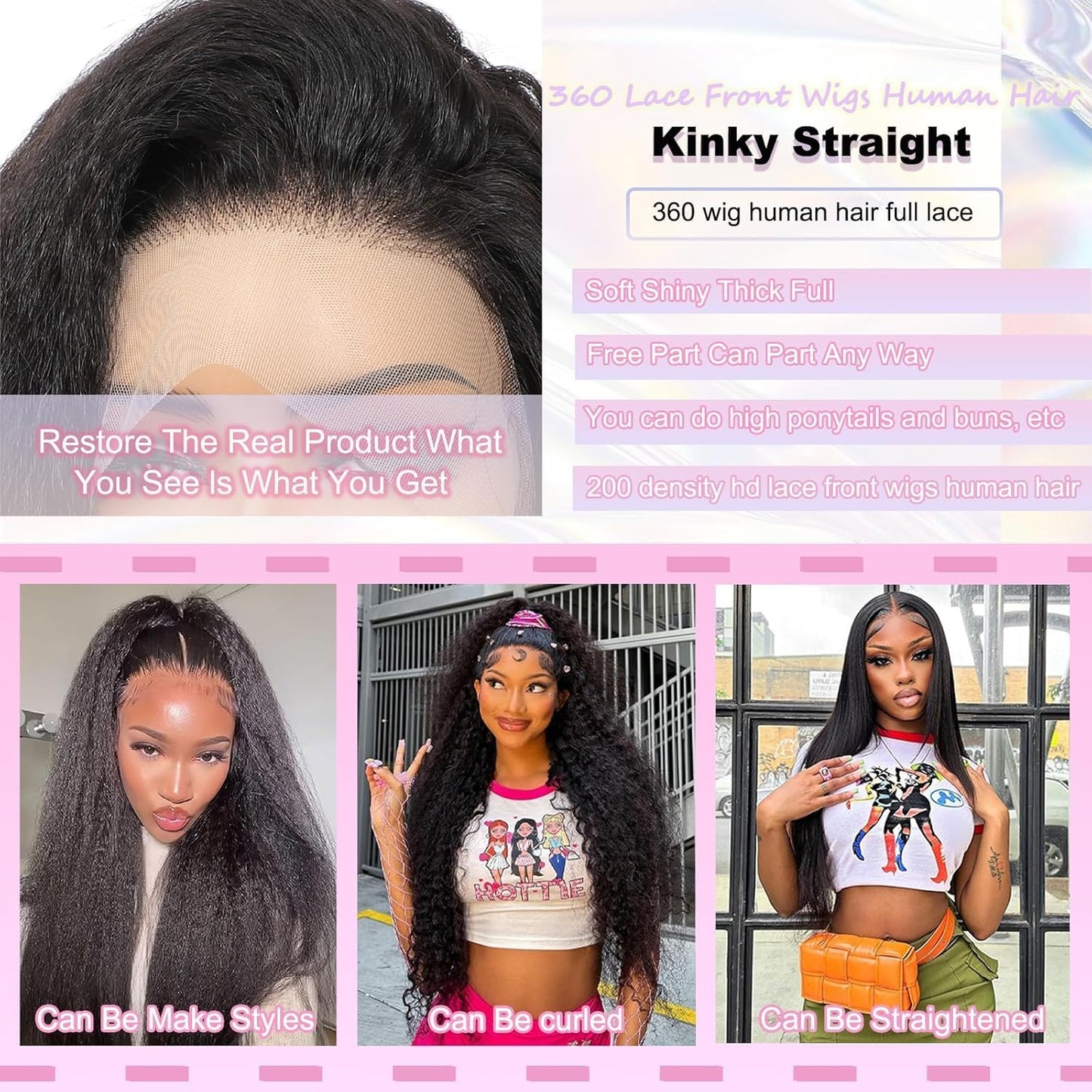 360 Lace Front Wigs Human Hair Kinky Straight Human Hair Wig 200 Density HD Lace Front Wigs Human Hair 360 Wig Human Hair Full Lace Kinky Straight Wig (Natural, 18 Inch)