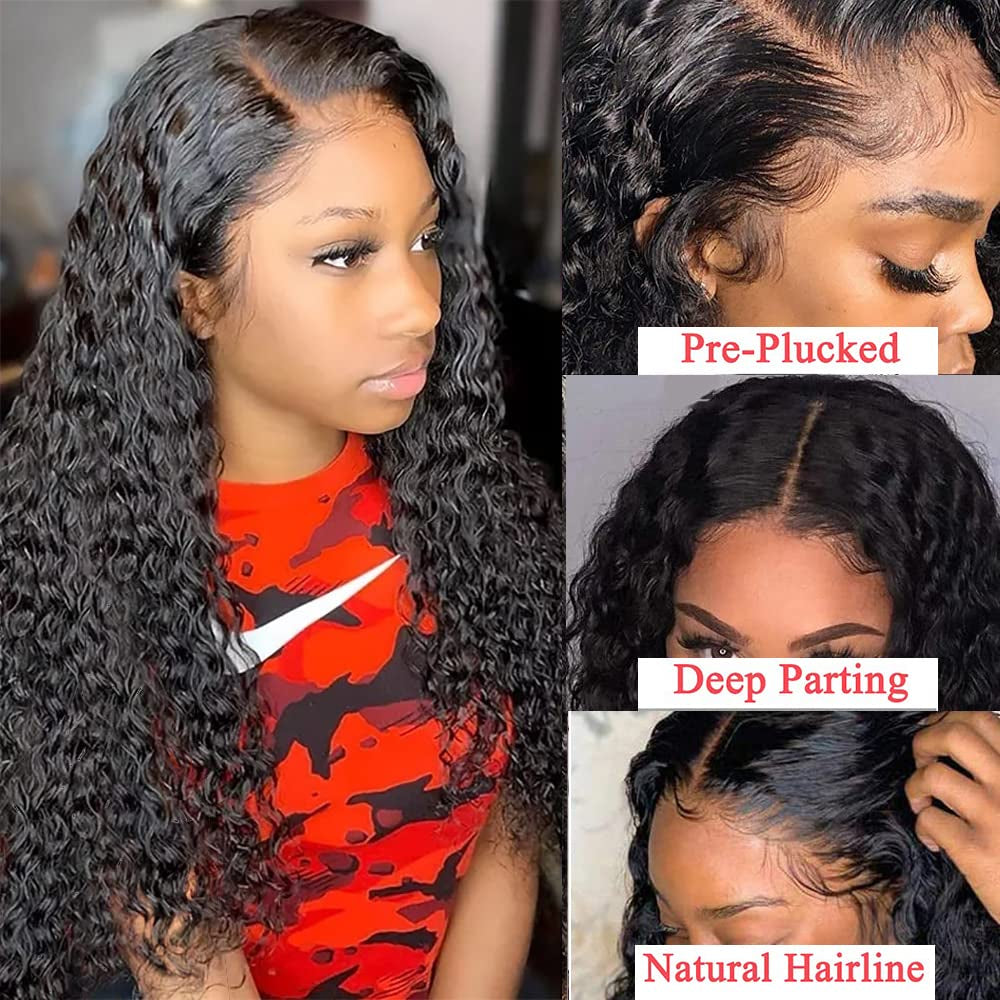 Transparent Lace Frontal Wigs Human Hair Pre Plucked Lace Front Wigs Water Wave Human Hair Wigs for Black Women 100% Unprocessed Virgin Brazilian Hair Water Curly Wave Wig Ear to Ear Frontal Wig