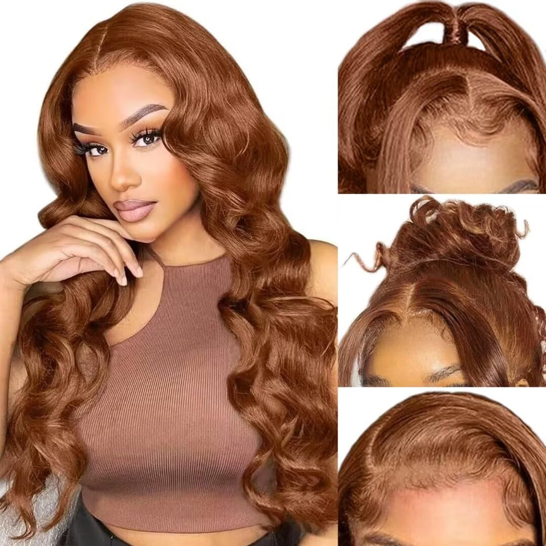 34 Inch Light Brown 13X4 Body Wave 200% Density HD Lace Frontal Wigs Human Hair Glueless Wigs 12A Human Hair Pre Plucked with Baby Hair Chocolate Brown Colored Wigs Lace Front Wigs