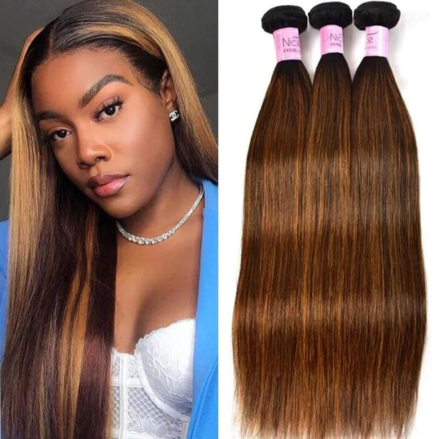 Brown Blonde Straight Human Hair Weave 3 Bundles, Brazilian 100% Virgin Unprocessed Remy Hair Ombre Highlight Color Hair Extensions 100G/Pc (10 12 14)