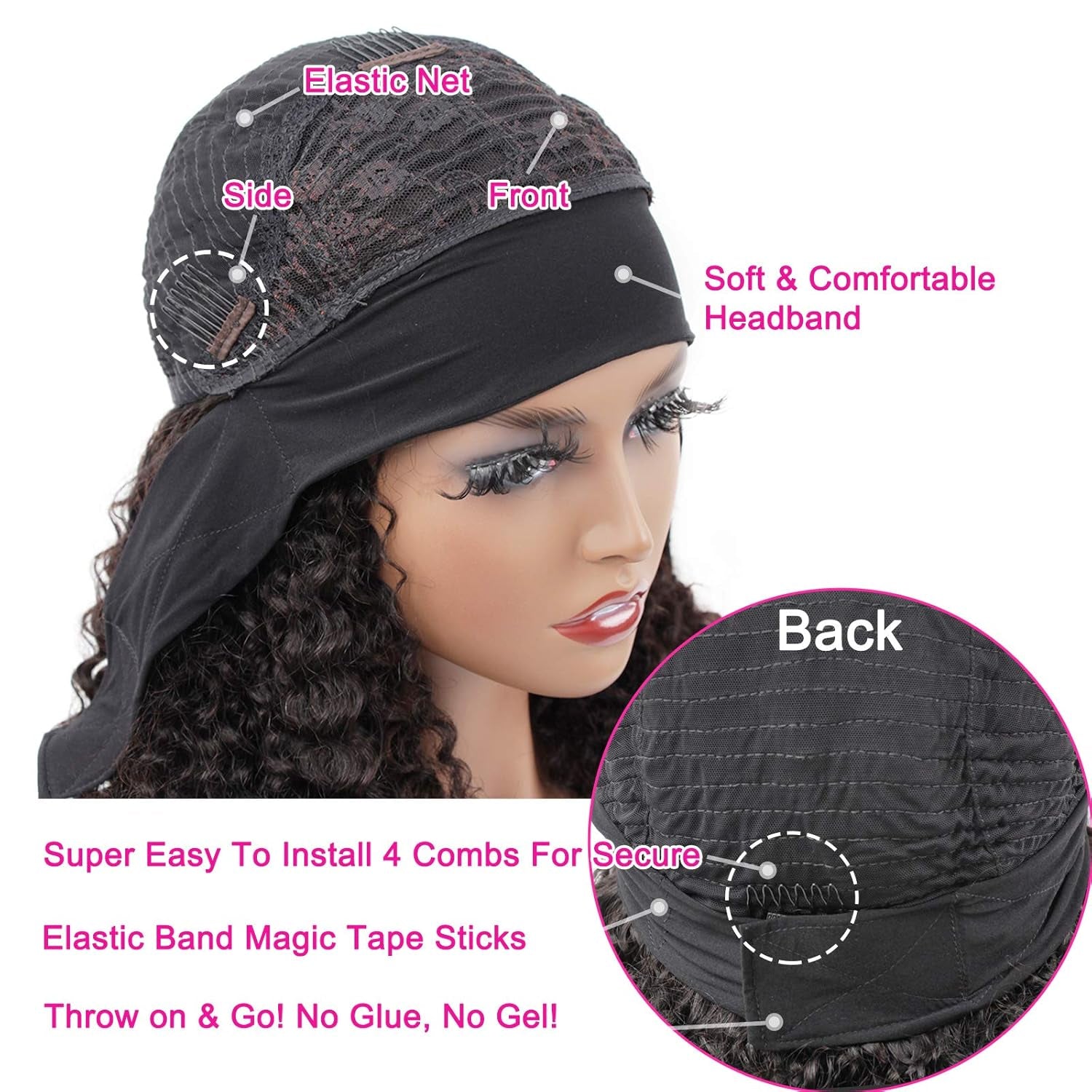 Headband Wig Human Hair Kinky Curly Headband Wigs for Women Glueless Human Hair Wigs 20 Inch None Lace Front Wigs Brazilian Kinky Curly Virgin Hair Wear and Go 180% Density Wig