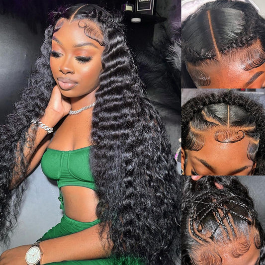 24 Inch 13X6 Lace Frontal Deep Wave Wigs Human Hair 13X6 Lace Front Deep Wave Wig 200% Density Pre Plucked Lace Front Curly Human Hair Wigs for Women Glueless Wig