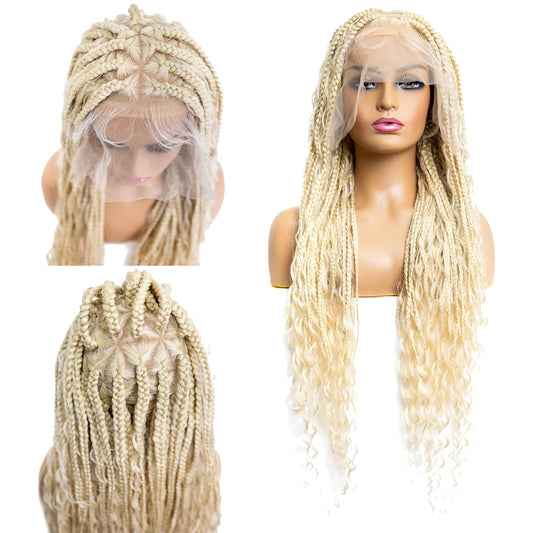 PIB 32'' Single Full Lace Braid Wig – Boho Box Braided Wig Triangle Parted, Knotless Braided Wigs for Black Women, Synthetic Lace Wigs with Natural Baby Hair (613, Platinum Blonde)