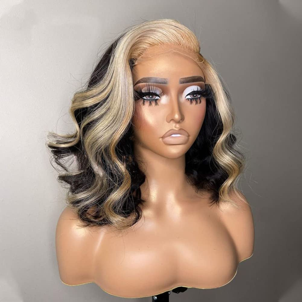 Highlight Lace Front Wigs Human Hair Short Lace Frontal Wigs for Black Women Skunk Stripe Ombre 613 Blonde Color Loose Body Wave Human Hair Wigs with Transparent Lace (12 Inch, Natural Color with Blonde Highlights)