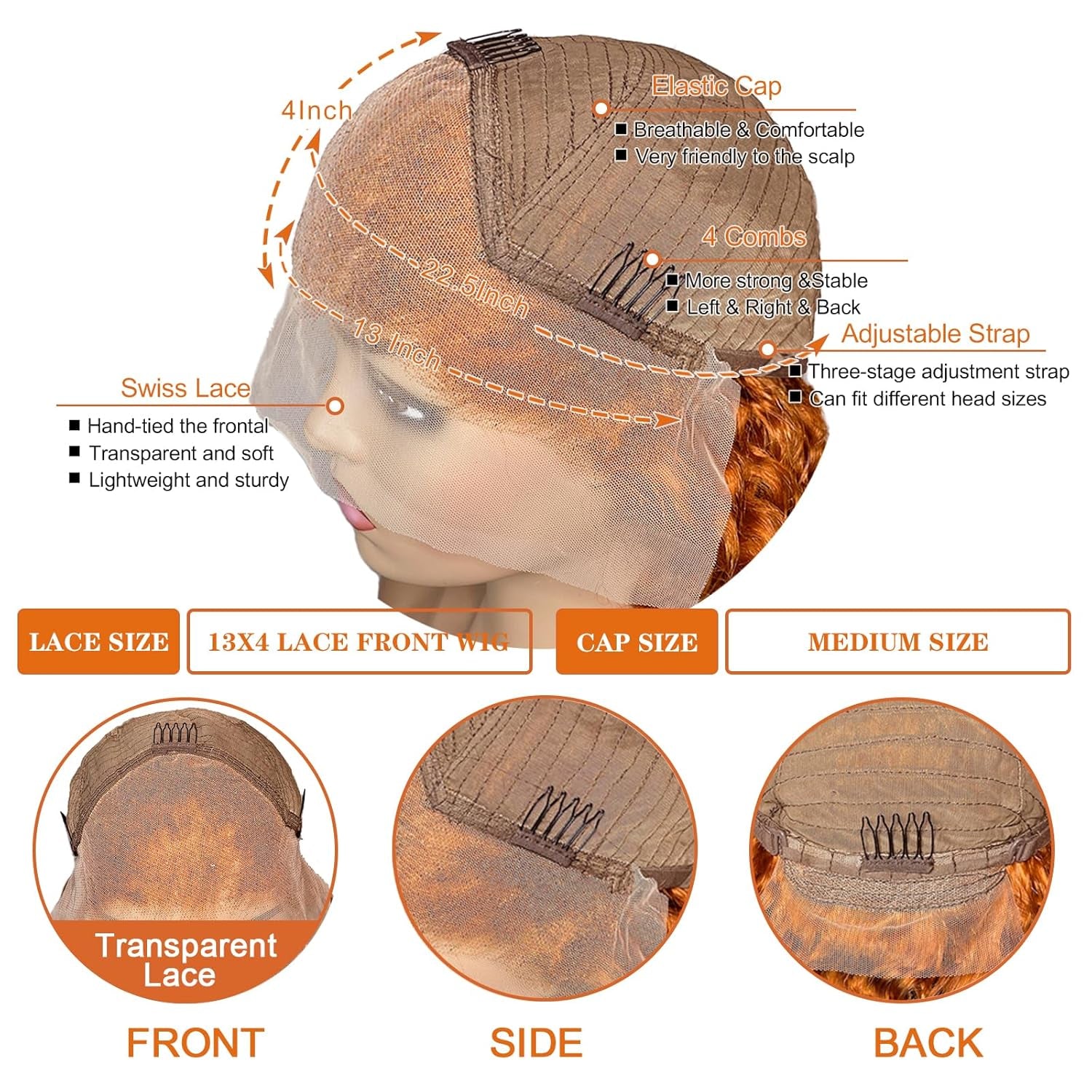 Curly Human Hair Wig 13×4 Deep Wave Lace Front Wigs Human Hair 180 Density Deep Wave Wigs with Hairline Ginger Wig Human Hair(24 Inch)