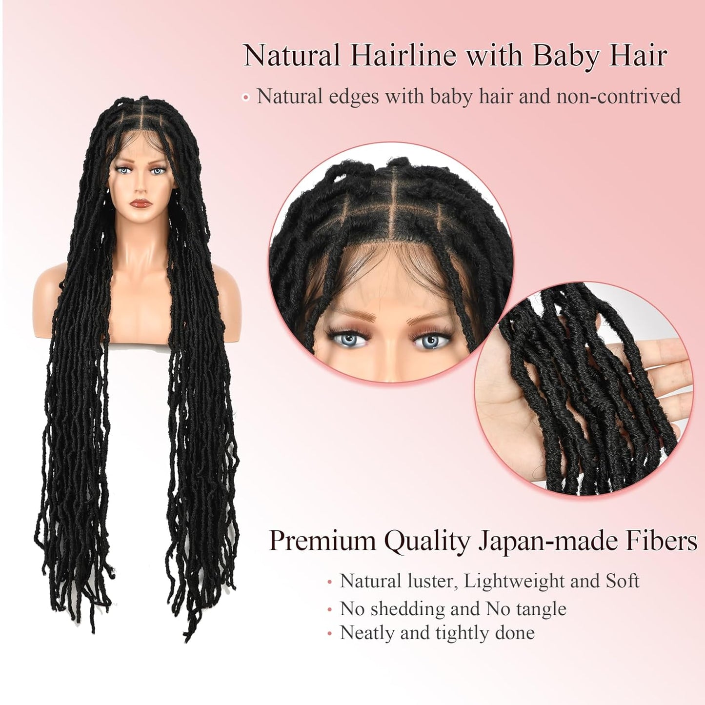 48" Knotless Braided Wigs Faux Locs Wig for Women Full Double Lace Front Braided Wigs with Baby Hair Human Hair Blended Braided Lace Front Wigs Braided Wig Black