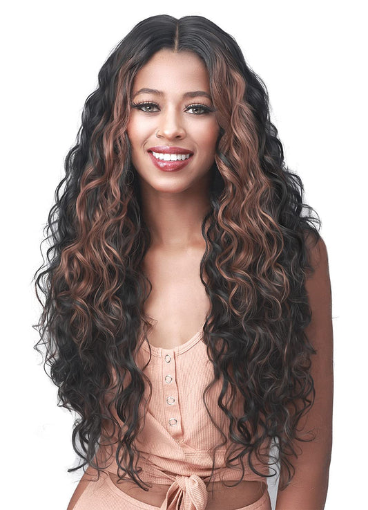 Bobbiboss Long French Wave Wigs HD Lace Front for Black Women - MISS ORIGIN 24, 5In Deep Part Human Hair Blend with Baby Hair, High Heat Resistant (THL1B/RBURGUNDY)