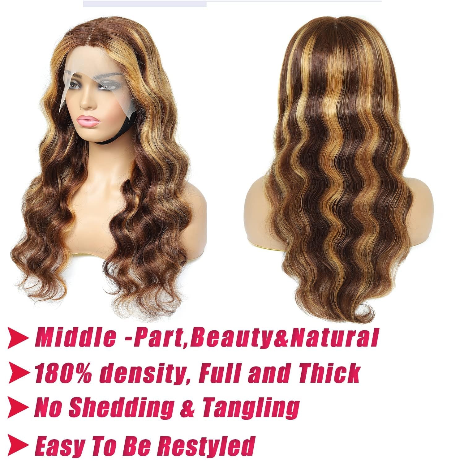 Clearance Body Wave Highlight Lace Front Wigs Human Hair 13X6 Hd T Lace Front Wigs Pre Plucked 4/27 Colored 180% Density HD Honey Blond Wigs for Black Women Ombre Transparent Lace Wig (18 Inch)