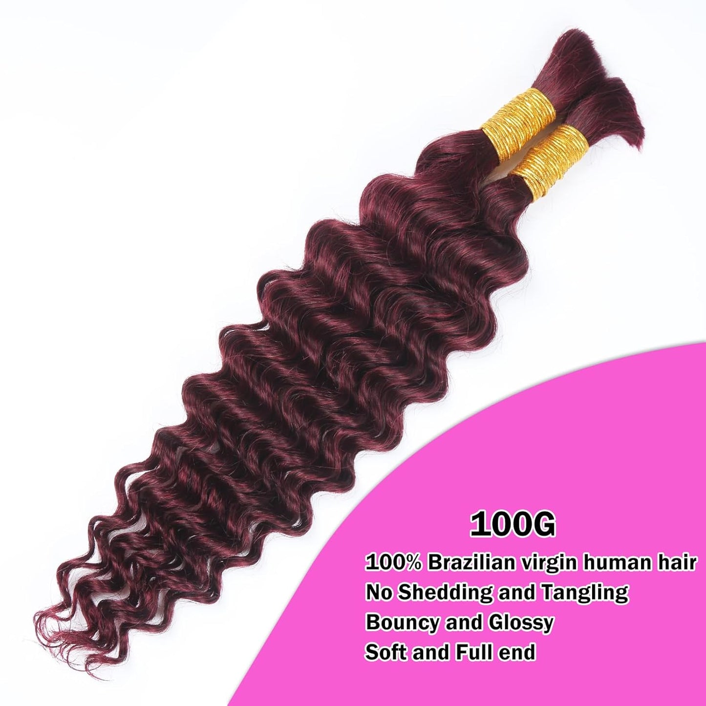 Human Braiding Hair for Boho Braids Deep Water Wave Curly Bulk Brazilian Virgin Hair Extensions for Micro Braiding Wet and Wavy 100G 18Inch Burgundy