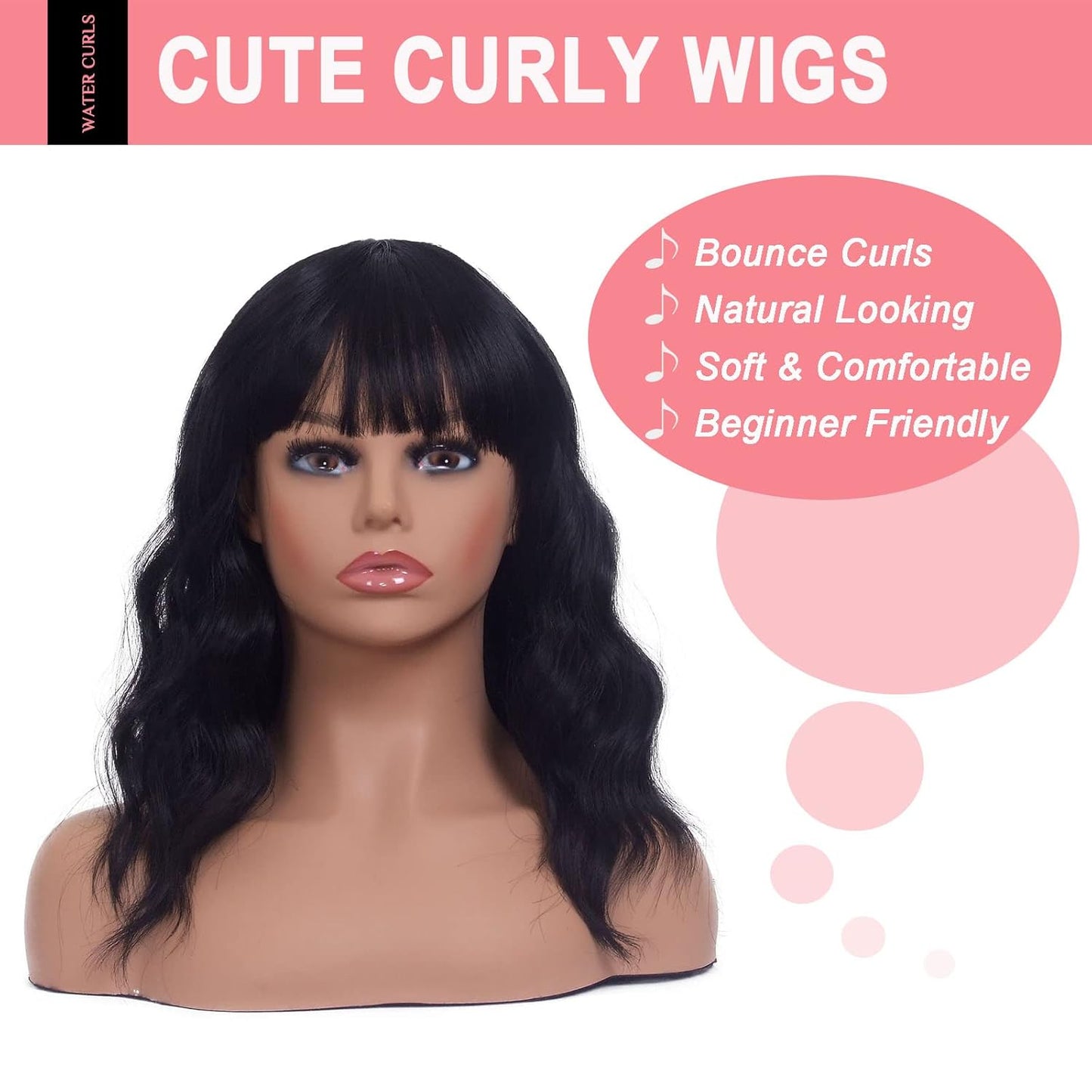 Curly Black Bob Wigs for Women Girl Synthetic Short Wig with Bangs Natural Water Wave Hair Wigs Heat Resistant Fiber for Daily Party Cosplay (Black)
