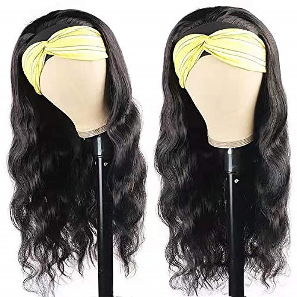 Headband Wig Human Hair Body Wave 16 Inch Glueless None Lace Front Wig Brazilian Virgin Hair Wear and Go Wigs for Black Women 150% Density Wigs Natural Black Color