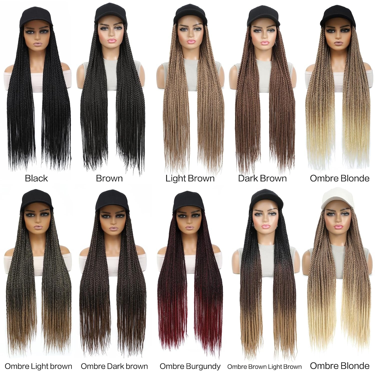Hat Wig Baseball Cap with 30Inch Long Box Braiding Hair Extensions Attached for Woman Black Cap Wig Braided Wig Hairstyle Adjustable Size (B Ombre Blonde, 30Inch)