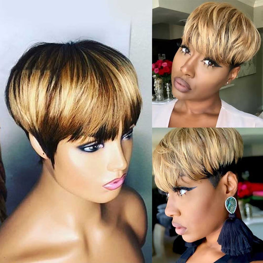 Short Bob Wig Human Hair Ombre 4-27 Color Short Bob Pixie Cut Wig for Black Women Full Machine Made Non-Lace Layered Style Bob Cut Human Hair Wigs Short Wigs Human Hair