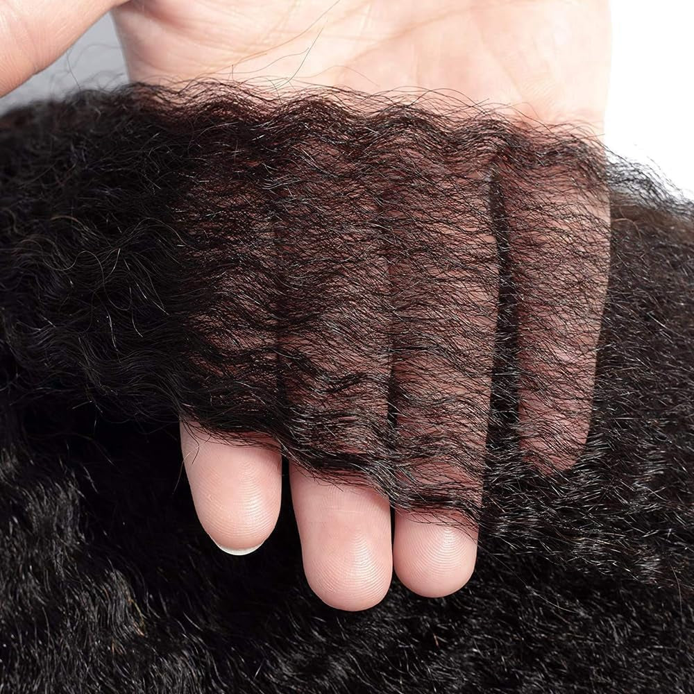 Kinky Straight Human Hair Wig 4X4 Transparent Lace Closure Kinky Straight Wigs 150% Density Yaki Human Hair Wigs Glueless Pre Cut Lace Natural Black(14Inch)