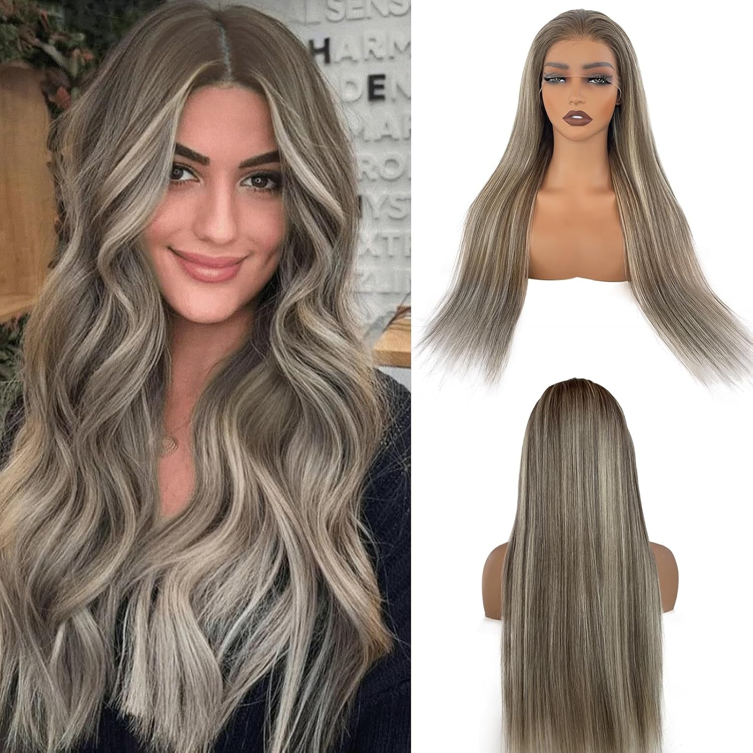 Ombre Ash Brown 13X6 HD Lace Front Wigs Human Hair 30Inch Long Straight Pre Plucked Highlights Balayage Blonde Mixed Brown with Dark Roots Glueless Wig Human Hair for Women 180% Density