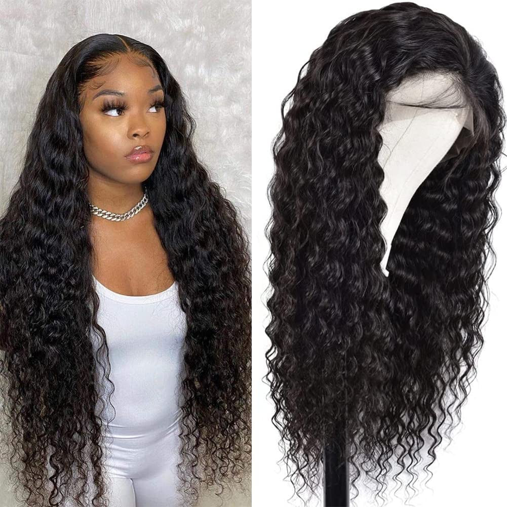 Deep Wave HD Lace Front Wigs Human Hair 24 Inch 13X4 Lace Frontal Human Hair Wig for Black Women Glueless Transparent Curly Lace Front Wig Human Hair Pre Plucked Natural Color 150% Density