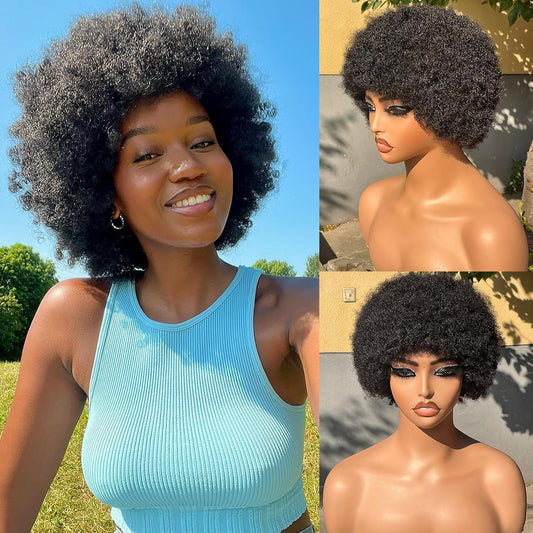 Afro Wig 70S Human Hair for Women(6 Inch) Gluless Short Afro Kinky Curly Wigs with Bangs for Black Women,200 Density Big Afro Puff Wig for Daily Use
