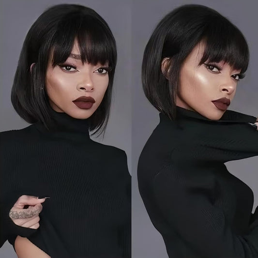 Straight Human Hair Wig with Bangs Short Straight Bob Wig with Bangs Human Hair for Black Women Glueless Bob Wig Wear and Go No Lace Brazilian Virgin Human Hair Natural Black 10 Inch
