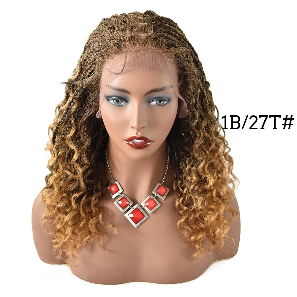 Swiss Lace Braided Wigs for Black Women 18 Inch Braids Wig with Baby Hair Premium Synthetic Wavy Hair Twist Box Braids Wigs Soft HD Lace Braiding Wig (#1B/27T-#Black/Khakit)